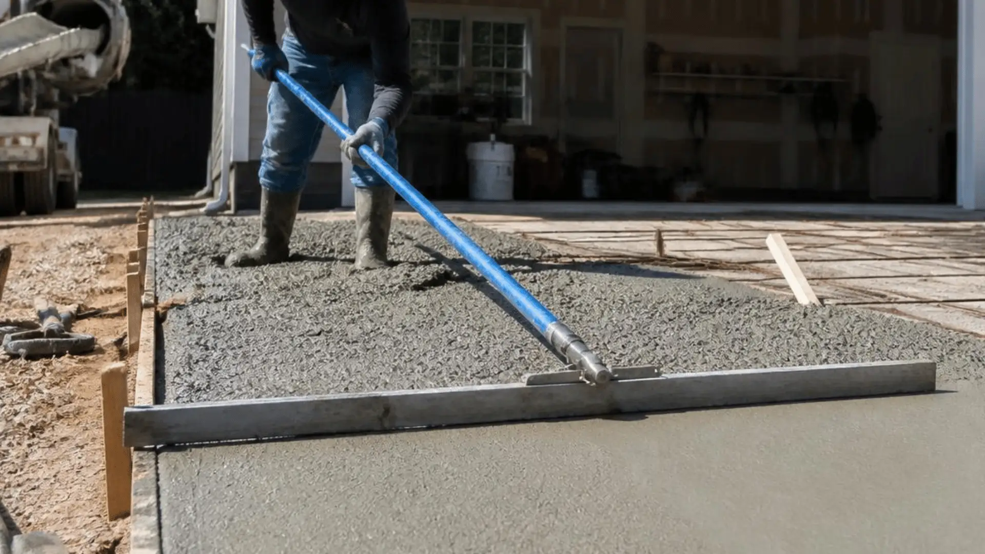 Concrete experts of New Beginnings Concrete during a driveway building service